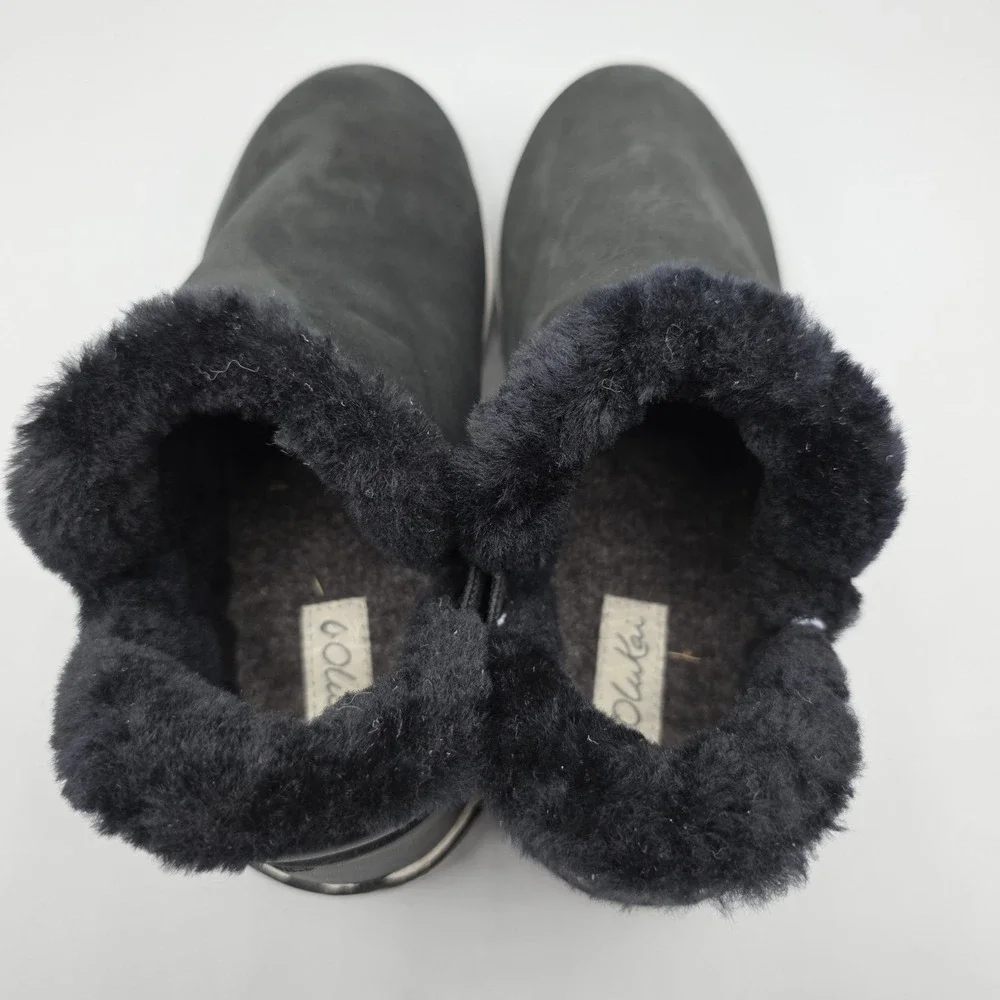 Olukai Malua Hulu Booties Womens 6.5 Black Leather Sheepskin Lined Warm Winter‎